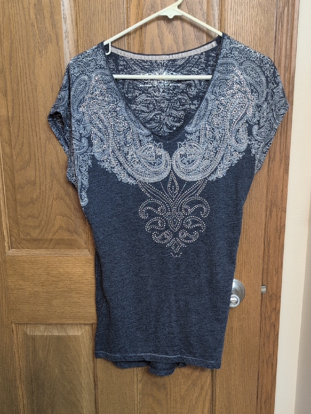 Maurices Navy Paisley V-Neck Short Sleeve Top with Rhinestone Accents